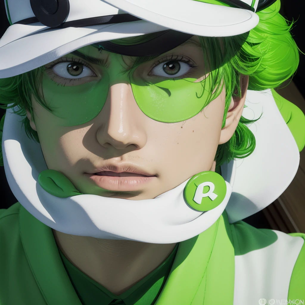 "Create an abstract art image in a monochromatic white and green color scheme, featuring the character Riddler as the focal point. The Riddler should be wearing a green bowler hat and a green blazer with white question marks. He should have dark skin, kinky hair, and brown eyes, with his face depicted in a mysterious, partially hidden manner."