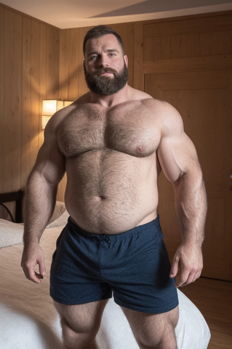 8KUHD Very HIGH RESOLUTION HDR Very Extremely Realistic Very Detailed High Quality 8K HDR Very Realistic photograph featuring a 46 year old daddy rugged bodybuilder muscle bears man, 8K very realistic detailed hairy, 8K very realistic beared big daddy muscle bear, and 8K very realistic detailed rugged burly man in shorts. 8K Very Realistic legs, 8K very realistic hair, 8K very realistic beards, 8K very realistic thick chubby fat neck, 8Kvery realistic neck lines, 8K very realistic detailed neck, 8K very realistic belly, 8K very realistic burly chest, 8K very realistic detailed hairy burly strong chest and arms, 8K very realistic detailed hairy burly strong chest and arms, 8K very realistic pecs, 8K very realistic burly muscle bear body, 8K very realistic nipples, 8K very realistic burly muscle bear body, 8K very realistic face, 8K very realistic detailed face, 8K very realistic eyes, 8K very realistic detailed eyes, 8K very realistic pupils, 8K very realistic detailed pupils, 8K very realistic head, 8K very realistic waist, 8K very realistic facial features, 8K very realistic burly arms, 8K very realistic elbows, 8K very realistic hands, 8K very realistic pecs, 8K very realistic belly, 8K very realistic human man body, 8K very realistic bellybutton, 8K very realistic wrists, 8K very realistic fingers, 8K very realistic fingernails, 8K very realistic shoulders, 8K very realistic mouth, 8K very realistic lips, 8K very realistic mens clothing, 8K very realistic detailed mens clothing. 8K HDR Very Realistic Hairy Bearded Burly Muscle bear Photoshoot, 8K A very realistic burly muscle bear man in a bedroom, 8K HDR Very Realistic Intricately Detailed, 8K HDR very realistic detailed bedroom surroundings, 8K HDR very realistic surroundings lighting, No Deformities, captured with a 85mm lens, 8K HDR Very Ultra Realistic and 8K HDR Very Realistic Photograph, 8K HDR Clear HDR Quality full with very realistic real details