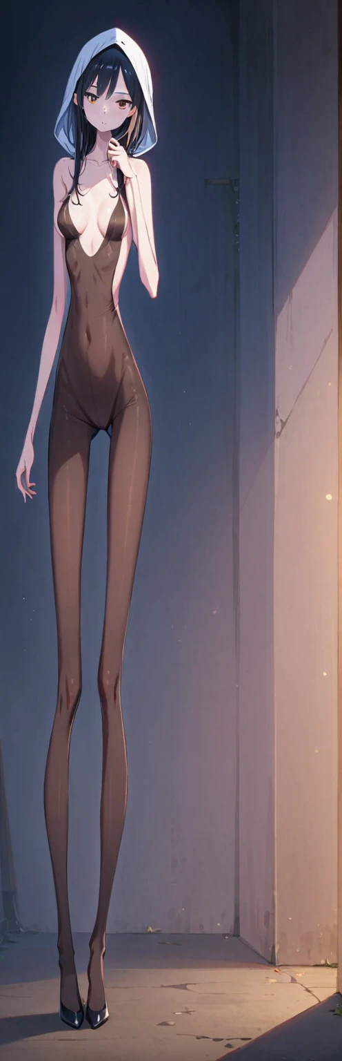 Skinny tall skinny narrow girl. Long thin legs. in tights all over the body in a hood. naked body.On a dark night, low light at dusk, dark,на каблуках