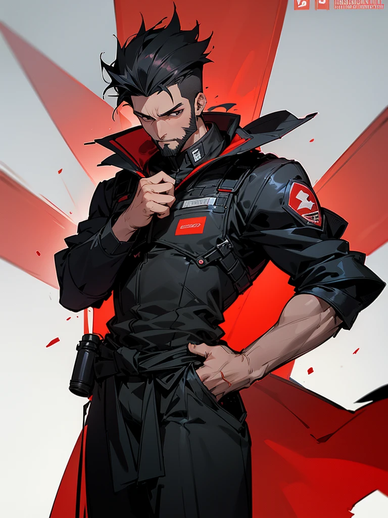 8K. nsfw sex. Crotch sticking up super highlighted in clothes. アニメ, grown-up. Supreme Marshal serious muscular skinny strong. Short black hair on top combed back short high fade shaved on the side. Large, flowing black coat on the back. Wearing thick black armor super detailed and dark equipped with various equipment with well polished and polished red energy tech details with equipment vests on the waist with grenades and energy vials. Beautiful black and red energy earring. beautiful boss, male with short beard style elegant goatee. fund: He is on top of a building aiming a long sniper with red plasma technological details. 