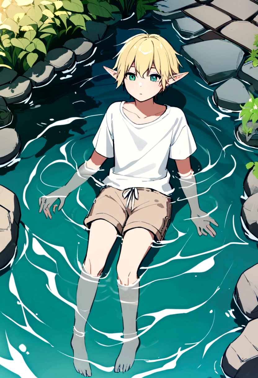 An elven man floating in water wearing only a simple white shirt and simple beige shorts,blonde elf man,Short Hair,Beautiful Water,Floating,relax,juvenile,youth,Pond surrounded by cobblestones