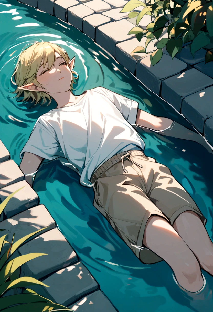 An elven man floating in water wearing only a simple white shirt and simple beige shorts,blonde elf man,Short Hair,Beautiful Water,Floating,relax,juvenile,youth,Pond surrounded by cobblestones