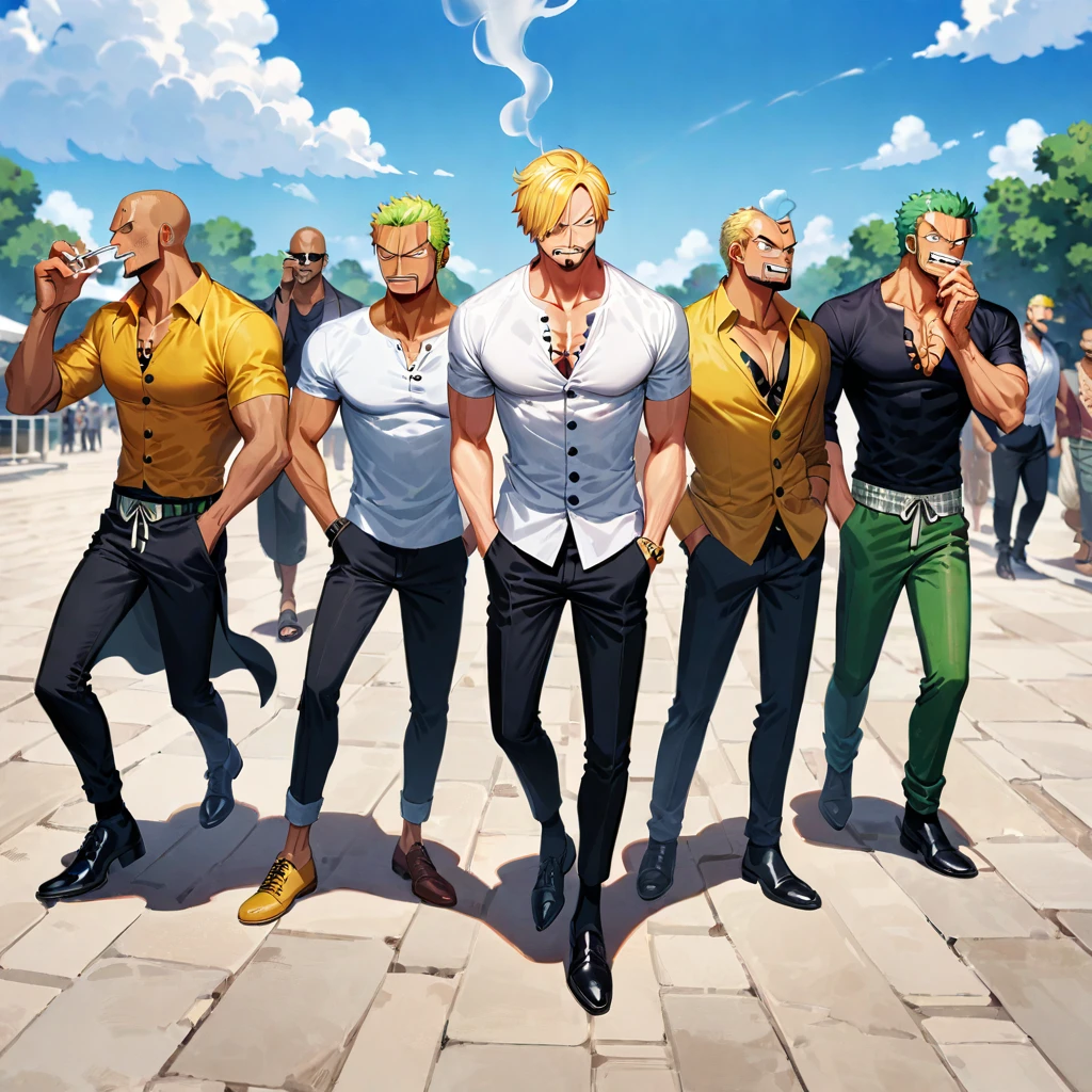 sanji (one piece), blonde hair, hair over one eye, male focus, facial hair, smoking, cigarette, 6+boys, shirt, multiple boys, full body, short hair, roronoa zoro, white shirt, day, hands in pockets, solo, pants, ((medium quality)), ((medium quality))