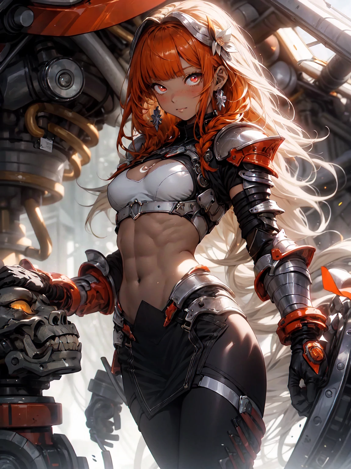 Be realistic,(masterpiece,Highest quality,Highest quality,Very detailed,Fractal Art,Most detailed,(Abstract background:1.5)(1 Girl),Kamimei,(オレンジのLong Hair),(,puppet, Red eyes, Pale skin, Orange Hair, Long Hair, Blunt bangs, Braiding,Big Breasts、Toned Abs,Stunned)、crystallization,bikini、Sexy、Machine Armor、Sunburned skin、(Black pencil skirt)