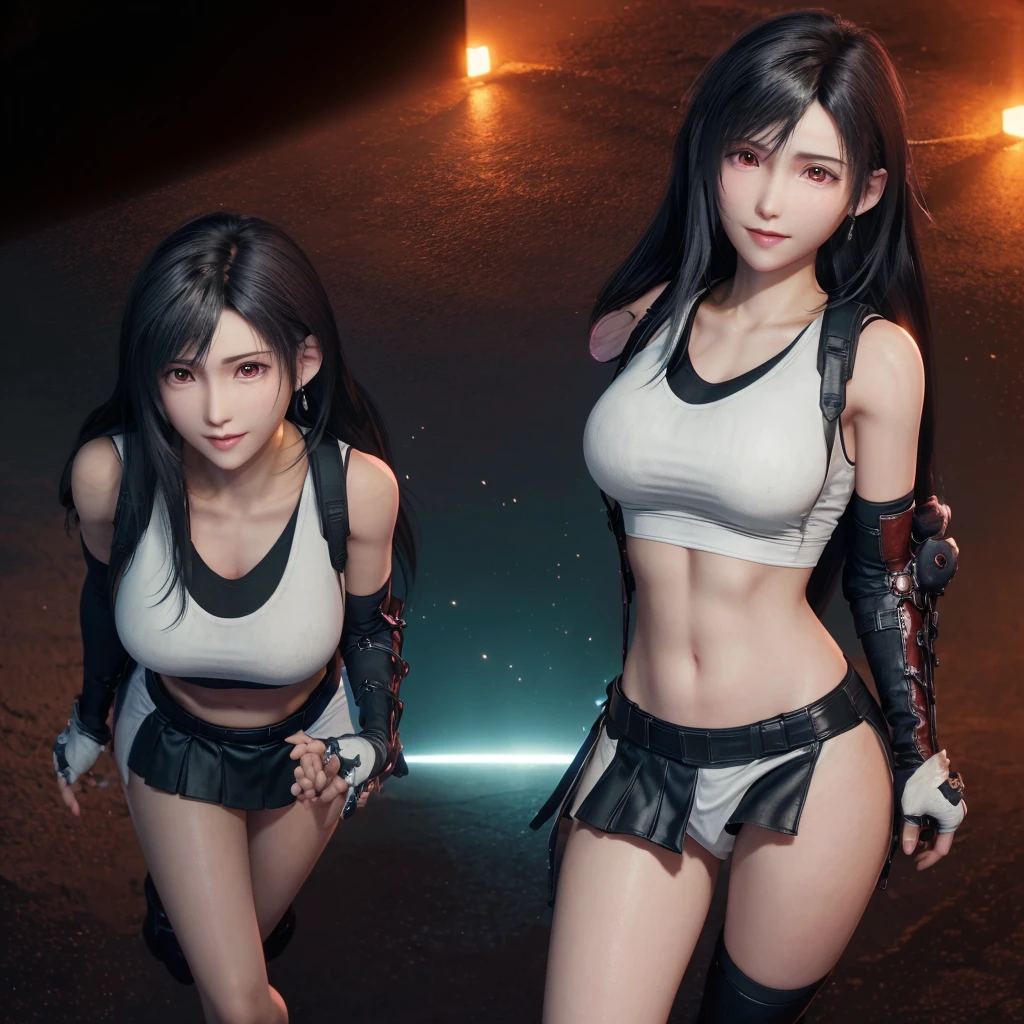 8k，masterpiece，basic quality，big deal，（1 girl），Tifa Lockhart，red eyes，top down view，The rooftops of the city，black hair color hair，long white hair，professional lighting，（shiny skin：1.2），shiny big，（（best quality）），lock focus：1.2，Highly detailed facial and skin textures，delicate eyes，is a perfect face，Perfect body，blur art，CG，background with，20 years old，Mature and cool face，wear（（Black slip dress），black elbow gloves， White tight shirt，thigh，white vest），blush blush，Lively posture，（mittgal），flowing hair，Close-up above the chest，Smile，split