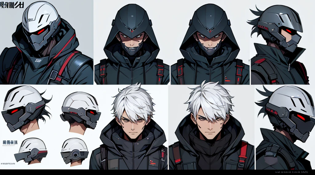 Character design sheet、male、Black military uniform、Detailed face、Body Armor、Full Face Cyber Helmet、Cover your face