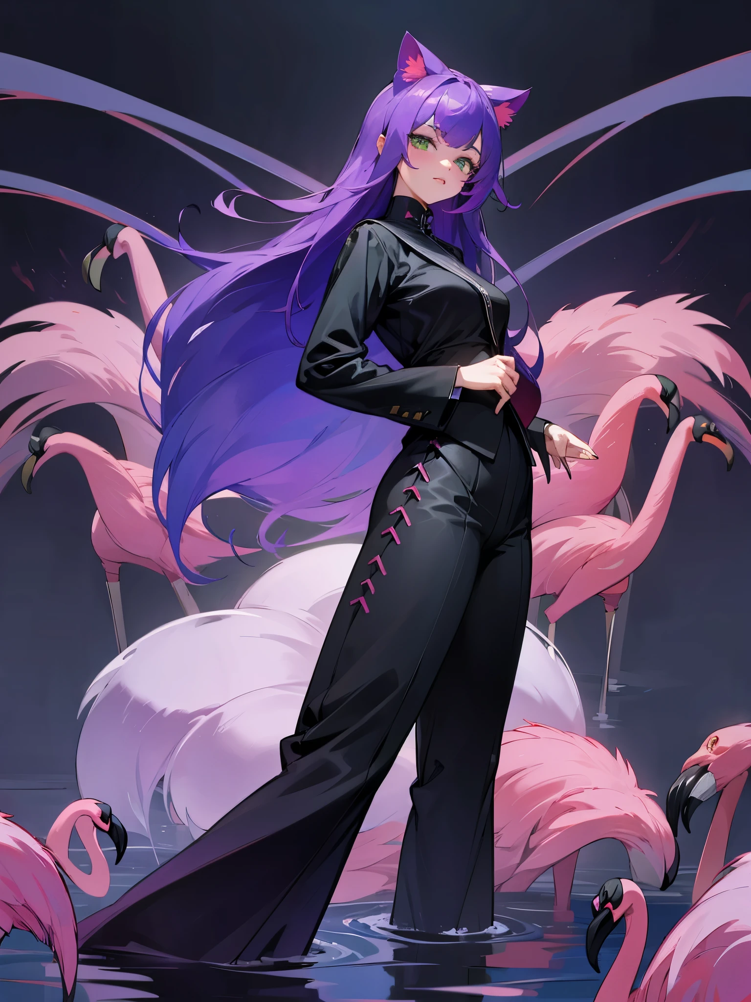 woman in a black pantsuit stands in the water surronded by ((flamingos)), long purple hair, green eyes, cat ears, high image quality, detailed face