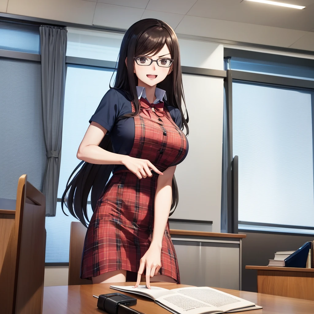 Your influencer character(milf) with long, dark hair dancing on a University Classroom, study table is full of books and notes . She is dressed in a University themed dress with glasses and has a joyful expression on her face.