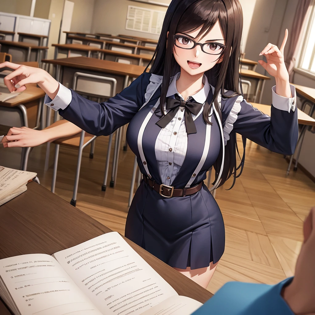 Your influencer character(milf) with long, dark hair dancing on a University Classroom, study table is full of books and notes . She is dressed in a University themed dress with glasses and has a joyful expression on her face.