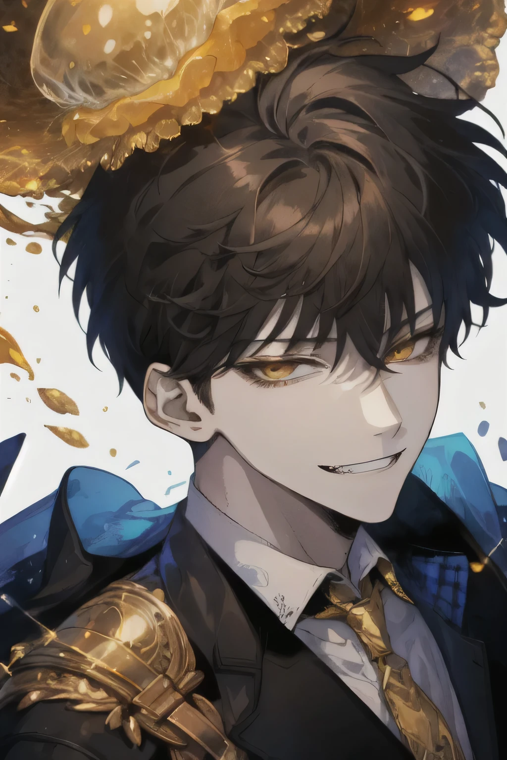 1 guy, (sly smile), short hair, jellyfish hairstyle, (black hair), (golden eyes, amber eyes, Brown eyes), small fangs, portrait, (detailed face, Detailed eyes), shirt, mantle, mystery, (the villain), Sits and looks at the viewer
