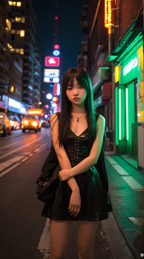 masterpiece, Highest quality, 8K, 15 years, Teen, RAW Photos, Absurd, Award-winning portrait, alone, night, neon, Idol's face, Violet, Gardenias, Delicate girl, whole body, Digital SLR, View your viewers, Frank, Sophisticated, like々Shii, Thin arms, Professional Lighting, Film Grain, chromatic aberration, (Detailed eyes and face:1.0), (Bokeh:1.1)