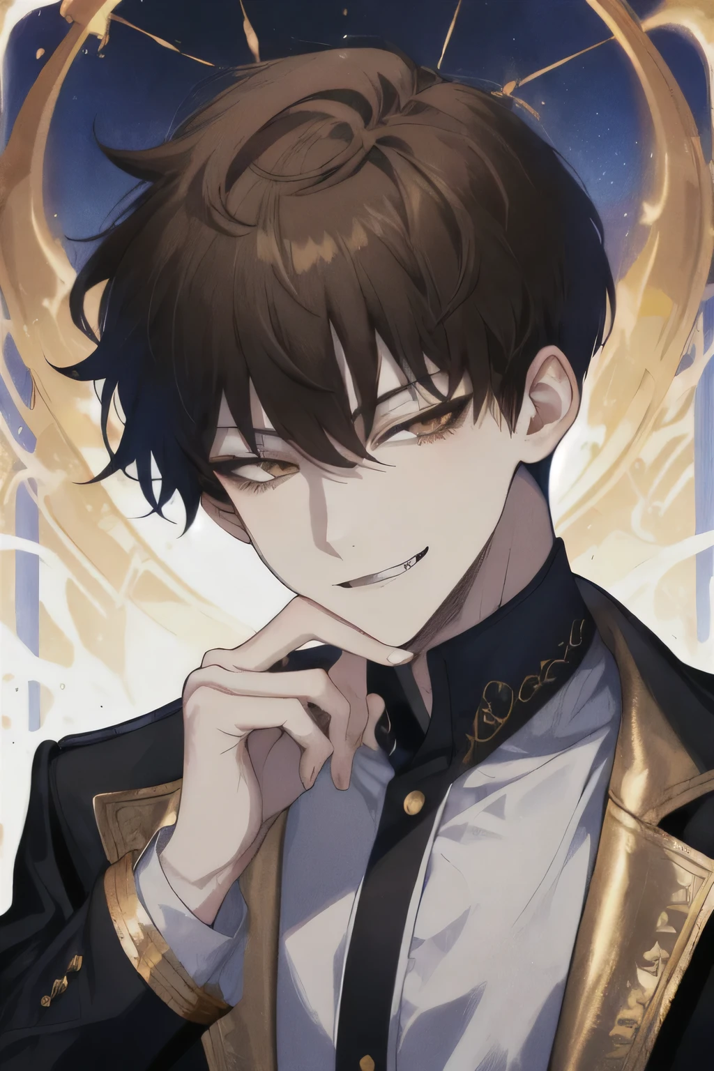 1 guy, (sly smile), short hair, jellyfish hairstyle, (black hair), (golden eyes, amber eyes, Brown eyes), small fangs, portrait, (detailed face, Detailed eyes), shirt, mantle, mystery, (the villain), Sits and looks at the viewer