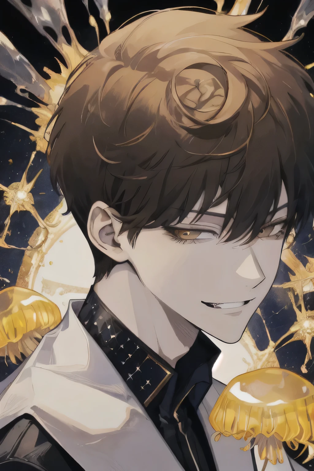 1 guy, (sly smile), short hair, jellyfish hairstyle, (black hair), (golden eyes, amber eyes, Brown eyes), small fangs, portrait, (detailed face, Detailed eyes), shirt, mantle, mystery, (the villain), Sits and looks at the viewer