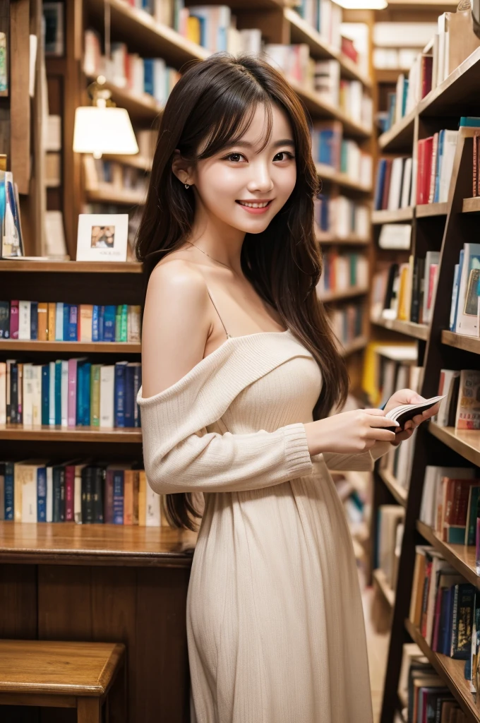 (8k, RAW photo, best quality, masterpiece:1.2), (realistic, photo-realistic:1.4), (extremely detailed 8k wallpaper),korean 20 age woman, The image captures her surrounded by shelves of books, emphasizing her intellectual curiosity and the quaint charm of the bookstore,cute face,A woman who looks good with a smile,bewitching hair,reading a book happily,(sexy costume),One-shoulder dress,A smile that invites others,long hair,clothes are exposed