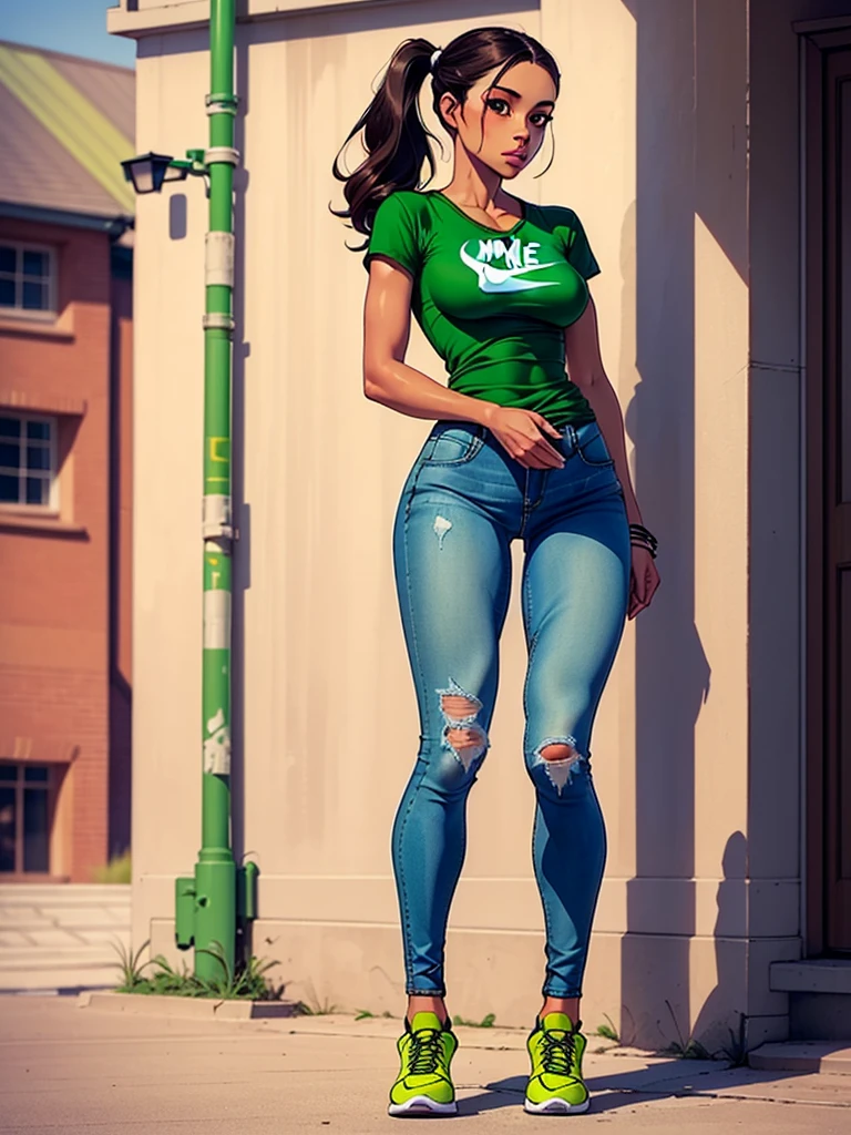 woman, black hair with pony , (green t shirt),((skinny jeans)),(((SMALL BREASTS))), (((SKINNY))), (((short height))), ((tiny breasts)), nike shoes, ((light brown skin))