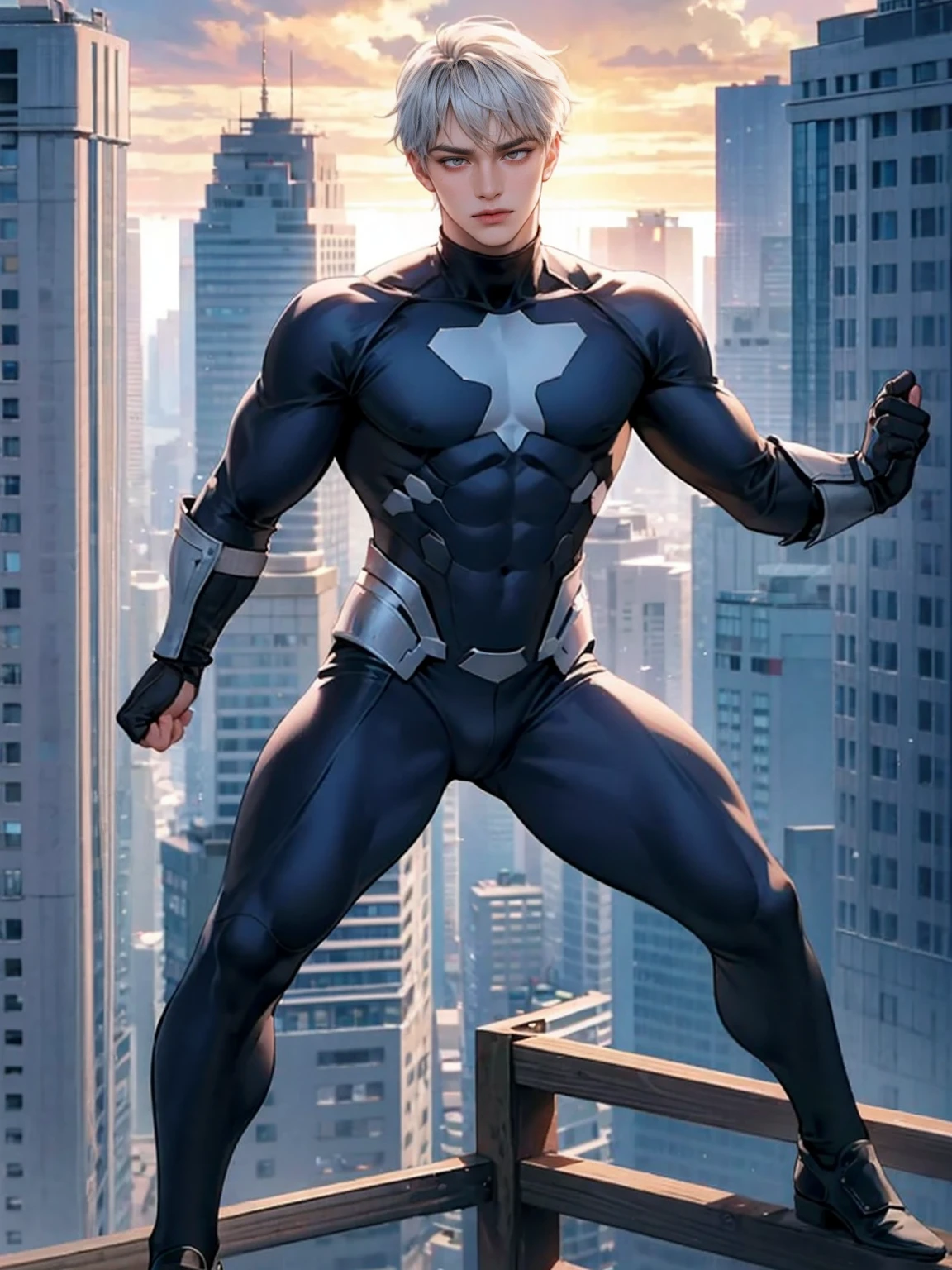 (masterpiece, 4K resolution, Surreal, Very detailed), (Knight theme, Charming, There was a boy at the top of the city, Wearing silver tights, He's a superhero), [ ((20 years), (short hair:1.2), whole body, (Heterochromia:1.2), ((Fighting Stance),Dynamic display), ((Sandy urban environment):0.8)| (city View, Daytime), (sun))