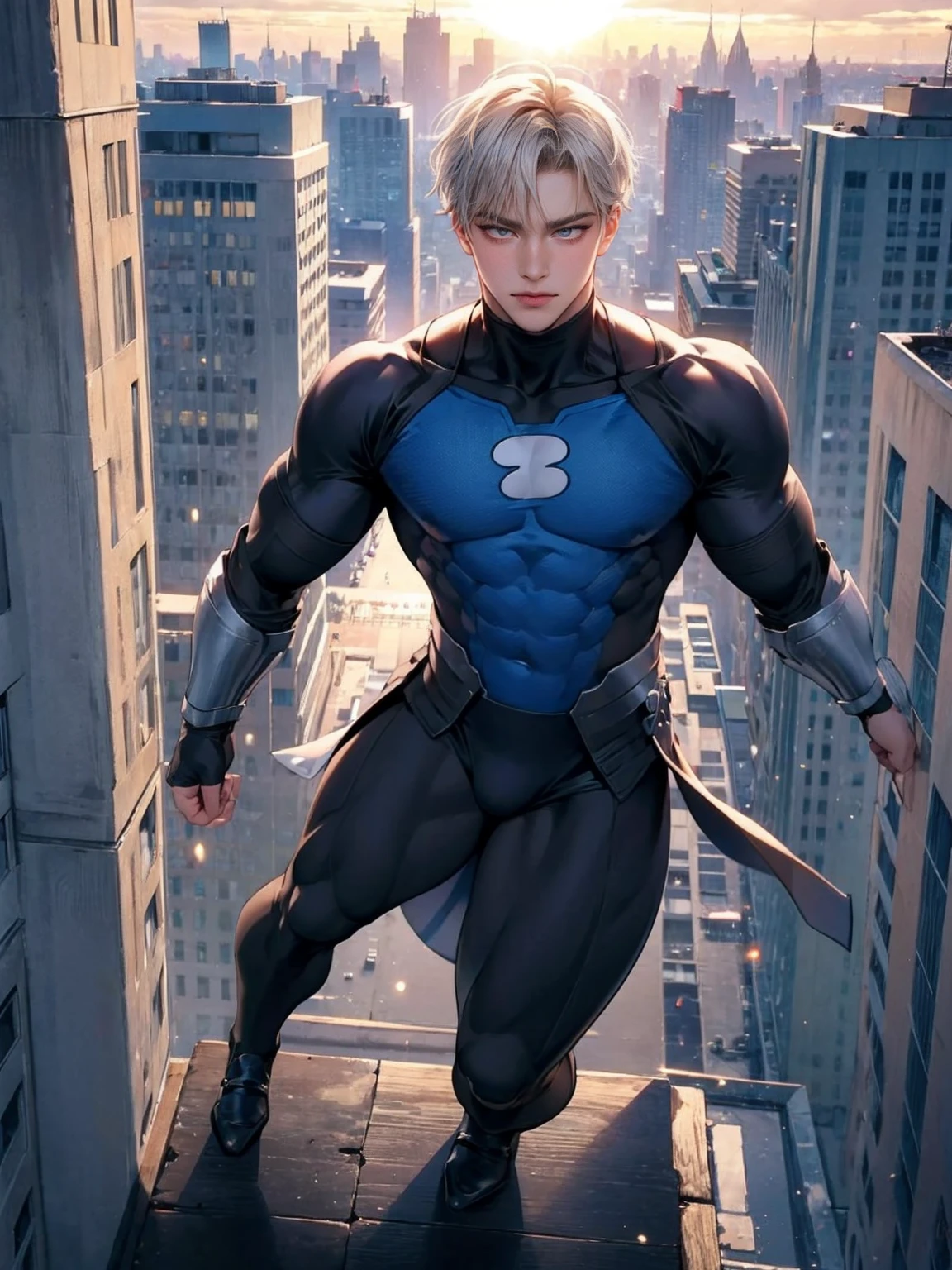 (masterpiece, 4K resolution, Surreal, Very detailed), (Knight theme, Charming, There was a boy at the top of the city, Wearing silver tights, He's a superhero), [ ((20 years), (short hair:1.2), whole body, (Heterochromia:1.2), ((Fighting Stance),Dynamic display), ((Sandy urban environment):0.8)| (city View, Daytime), (sun))