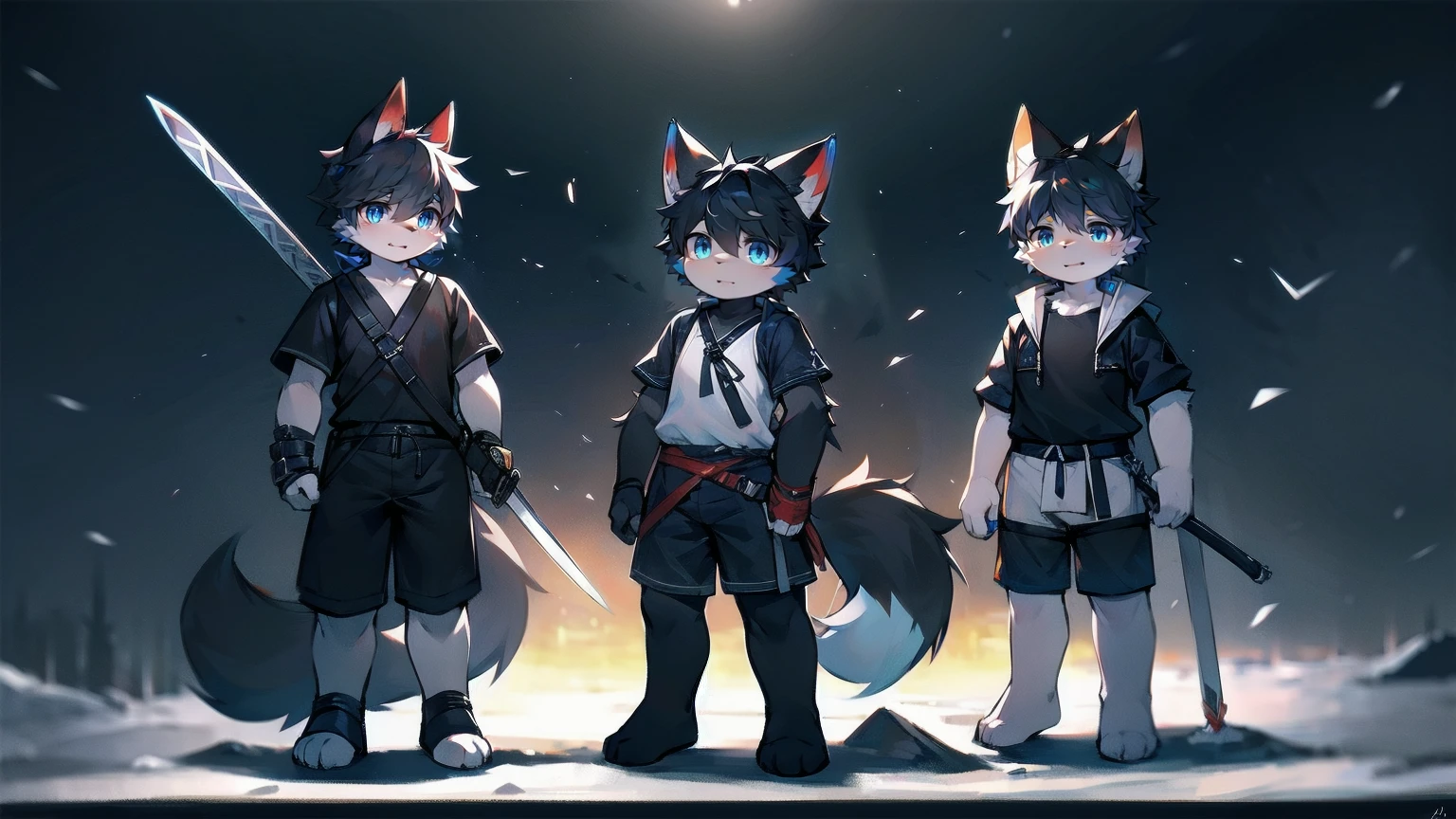 White Wolf，black hair，Sky blue eyes，hairy，Wolf ears，Wolf tail，Full body portrait，The character is in the center of the frame，Handsome，Confident eyes，male，juvenile，Black and white combat uniform，Red neck bib，Black shorts，Short sleeve，hairy arms and legs，Dark background，Dark battlefield，dawn，sunrise，dawn，illumination，shadow，Swordsman，Scabbard and sword，Hold the hilt of a sword in your hand，The scabbard is at the waist，Highest quality