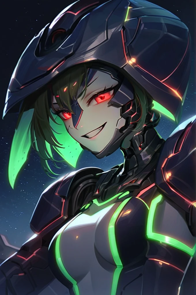 ((Лучшее качество)), ((шедевр)), (подробный), genpro girl, villain, red mechanical eyes, cyber helmet, cyber jaw, wires from behind, wires, cyborg, cruel look, night, planet, shooting star, smile, sinister smile, space, star (sky), starry sky, teeth, tremble, weapon, portrait, beautiful body, miniskirt, cyber clothes, revealing clothes, sexy clothes