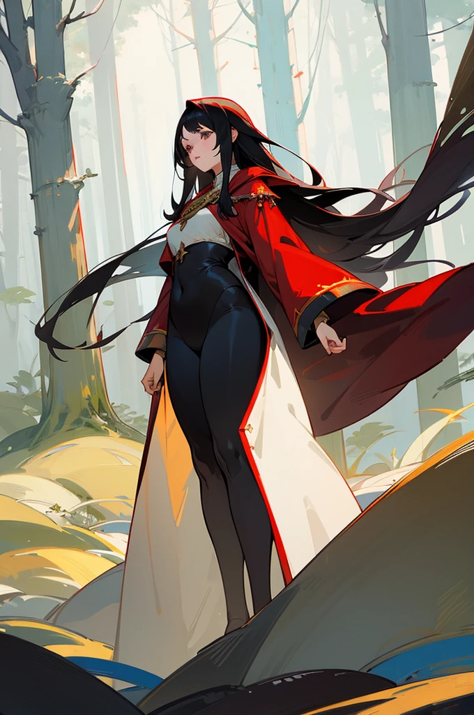 fantasy, semi-realistic, long black hair, female human, priestess, gray eyes, red and white robes, thick tights, wide hips, forest background, neutral expression, middle parted fringe, arms on sides, medieval fantasy, standing,