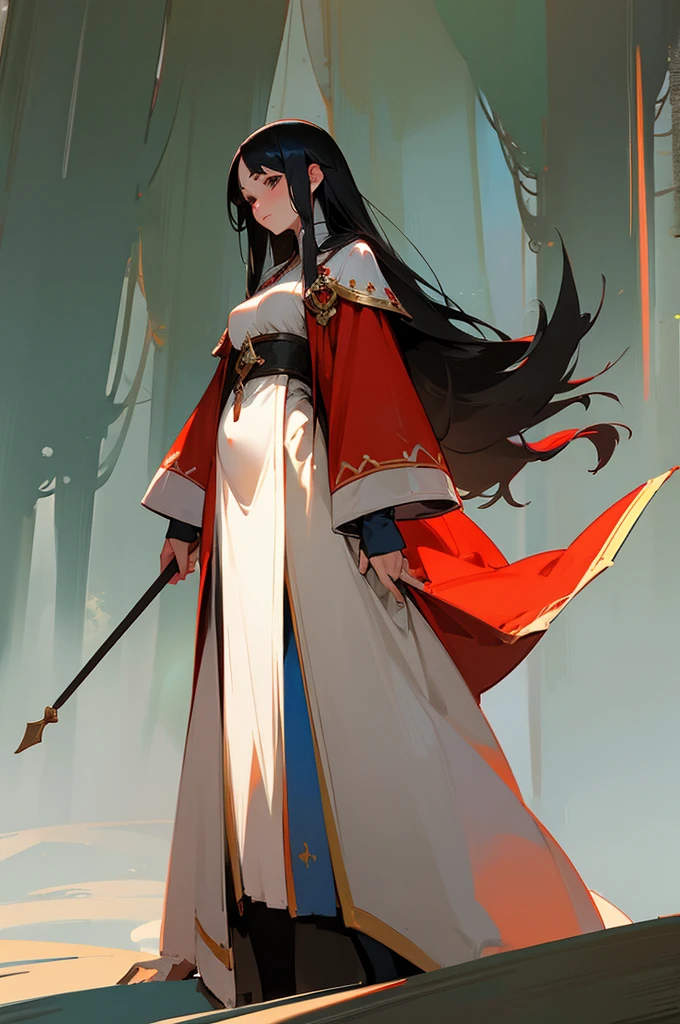 fantasy, semi-realistic, long black hair, female human, priestess, gray eyes, red and white robes, thick tights, wide hips, forest background, neutral expression, middle parted fringe, arms on sides, medieval fantasy, standing,