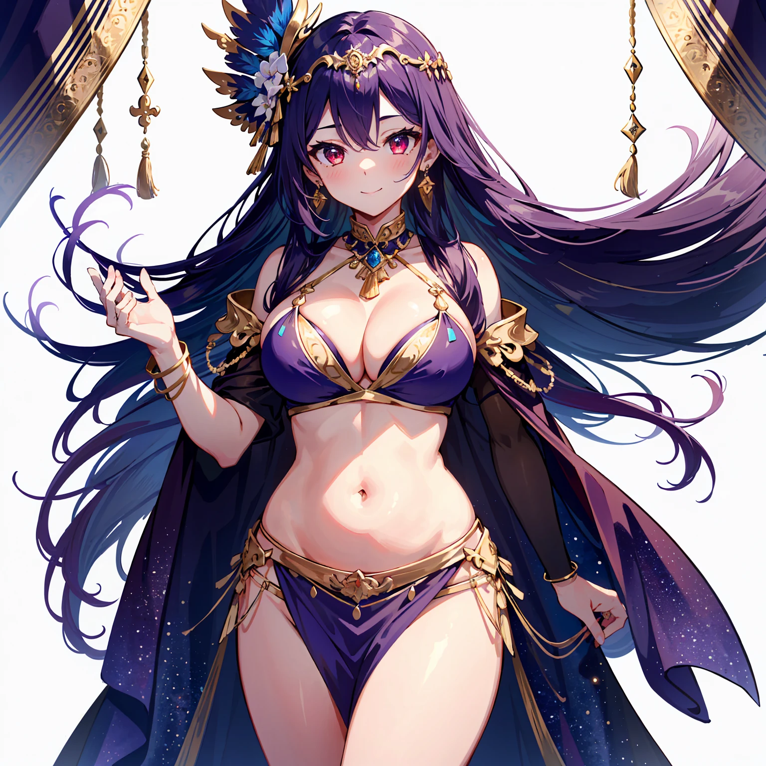 high quality, ultra detailed, best quality, insanely detailed, beautiful, masterpiece, 1girl, belly dancer, white background, cowboy shot, red eyes, long hair, purple hair, harem outfit, bikini, pelvic curtain, purple costume, bare legs, circlet, earrings, armlets, bracelets, bashful smile, large breasts, cleavage, soft stomach