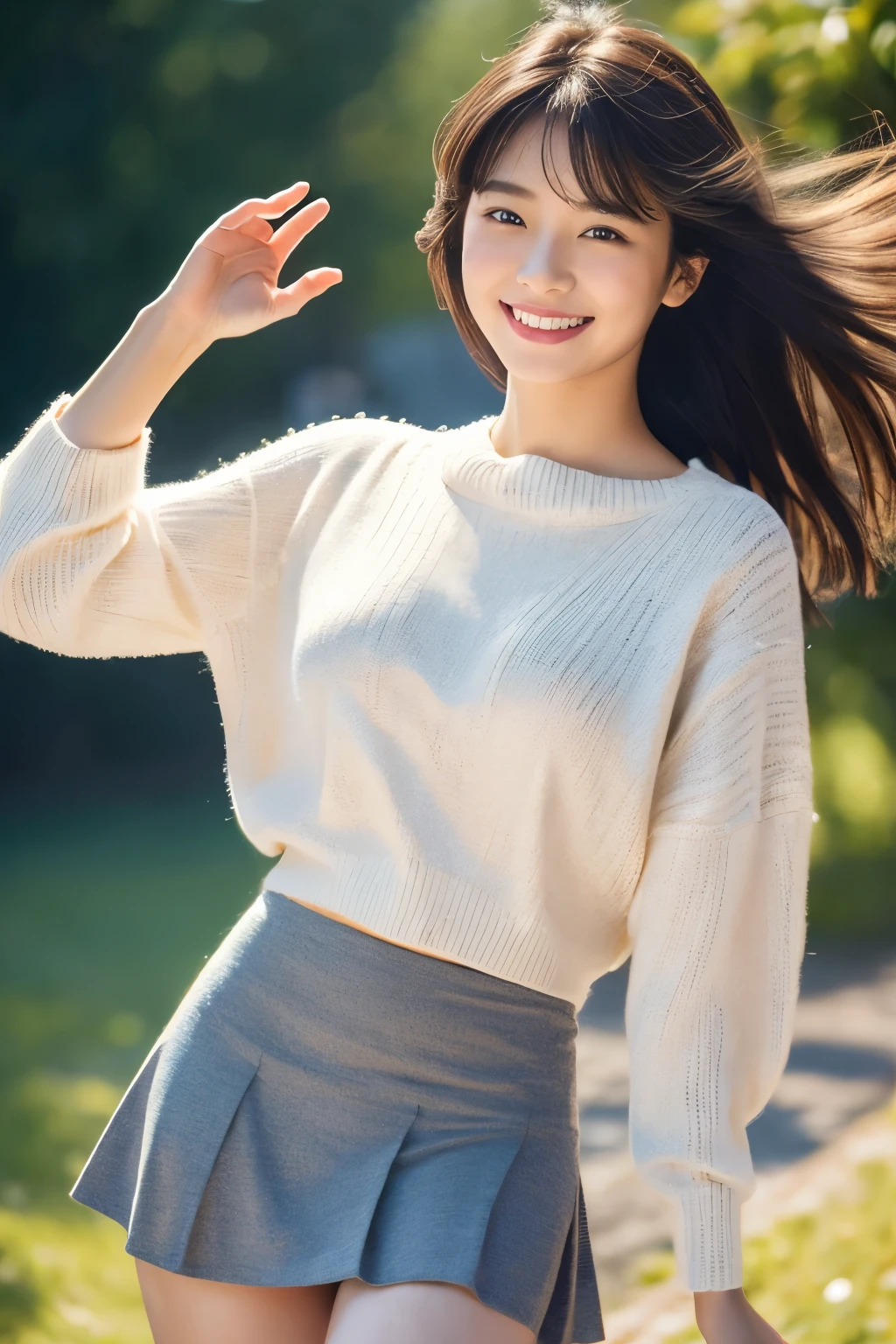 (((Wear a light knit)))、(((smile))),(((mini skirt))),(((1 Girl))),Full Body Shot、At a Showa-era department store、Japanese,, Medium Black Hair,I have a few freckles,Big Breasts、,Proper body balance,Ultra-high quality output images,High resolution,Intricate details,Her hair blowing in the wind is so delicate and beautiful,Realistic photos,dream-like,Professional Lighting,Realistic Shadows,Focus Only,Beautiful Hands,Beautiful fingers,Detailed characteristics of hair,Detailed facial features, Good style、White small high leg panties,,Dynamic pose、、