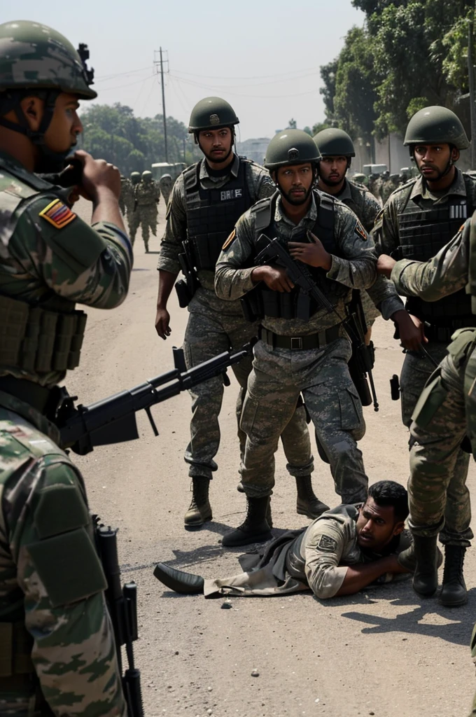 ((Masterpeice, 8k realism, highest quality) image portraying the arrest of Eddy Kapend and the mass arrests that followed the assassination of President Laurent-Désiré Kabila. The scene is set in the chaotic environment outside the Marble Palace, where armed soldiers are detaining Kapend and several civilians. The image should emphasize the tension, fear, and desperation as authorities desperately search for scapegoats, leading to the wrongful detention of many innocents.

Prompt Details Breakdown:
Setting:

Outside the Marble Palace:
The exterior of the Marble Palace, with its grand and imposing architecture, serving as the backdrop.
A chaotic scene with soldiers, vehicles, and groups of people in various states of distress.
Time of Day:
Early evening, with dim, dramatic lighting adding to the tension and urgency.
Main Subjects:

Eddy Kapend:
Central figure being forcibly detained by armed soldiers.
In his military uniform, showing a mix of shock, defiance, and resignation.
The soldiers around him should look determined and stern, emphasizing the severity of the arrest.
Other Arrested Individuals:
Several civilians and possibly other military personnel being rounded up by soldiers.
Their expressions should reflect fear, confusion, and desperation, highlighting the unjust nature of the mass arrests.
Additional Elements:

Armed Soldiers:
Heavily armed, adding to the sense of military presence and authority.
Engaged in detaining individuals, searching for more suspects, or communicating urgently.
Vehicles and Barriers:
Military vehicles and temporary barriers set up, indicating a rapid and intense security operation.
Crowd Elements:
Groups of people in the background, some watching in fear, others being rounded up, adding to the chaotic atmosphere.
Details to Emphasize:

Tension and Fear:
Focus on the expressions and body language of Kapend and the other detained individuals.))