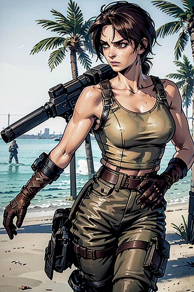 a military woman, well trained body, white sleeveless t-shirt, Exposed collarbone, beige leather shelter, blue pants, two leather belts with gun pockets, dark brown hair, carving, Brown eyes, hazel left eye, left eye with a scar, beach shore, at daytime, walking towards the viewer, serious expression, threatening expression looking at viewer, raising an eyebrow, sparkling beach, palm trees around, leather gloves on his hands, In a post-apocalyptic environment, post - apocalyptic cowgirl, Post - Apocalyptic style, Post apocalyptic clothing, pose, post-apocalyptic, Postapocalyptic style, post apocalyptic grunge, Post - Apocalyptic Scavenger. (Ultra quality) 8k quality, detailed, perfect light, perfect angle, perfect sharpness.