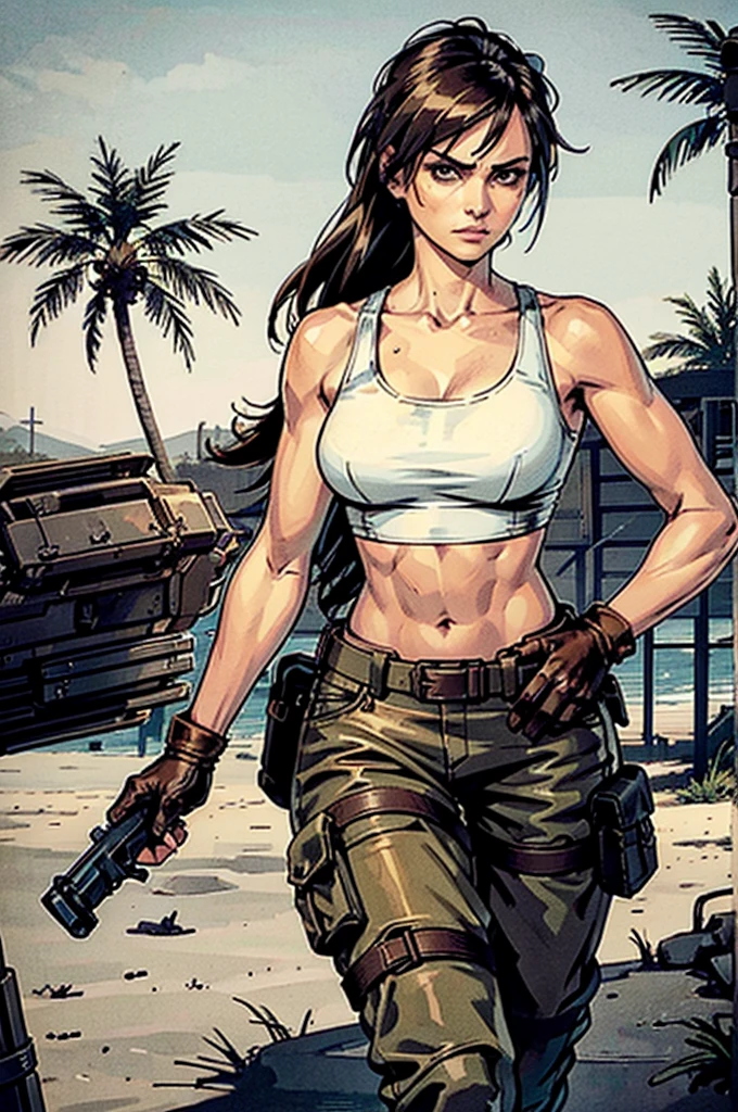 a military woman, well trained body, white sleeveless t-shirt, Exposed collarbone, beige leather shelter, blue pants, two leather belts with gun pockets, dark brown hair, carving, Brown eyes, hazel left eye, left eye with a scar, beach shore, at daytime, walking towards the viewer, serious expression, threatening expression looking at viewer, raising an eyebrow, sparkling beach, palm trees around, leather gloves on his hands, In a post-apocalyptic environment, post - apocalyptic cowgirl, Post - Apocalyptic style, Post apocalyptic clothing, pose, post-apocalyptic, Postapocalyptic style, post apocalyptic grunge, Post - Apocalyptic Scavenger. (Ultra quality) 8k quality, detailed, perfect light, perfect angle, perfect sharpness.