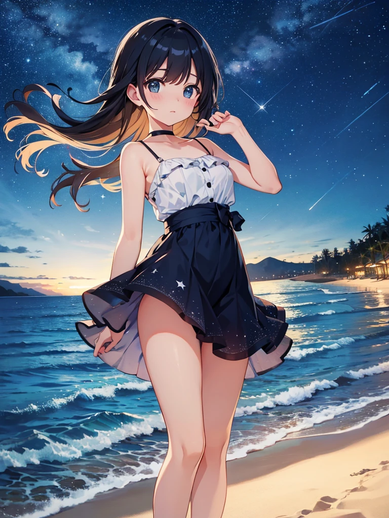 Masterpiece, beautiful beach night view, starry, nigh time, falling star.