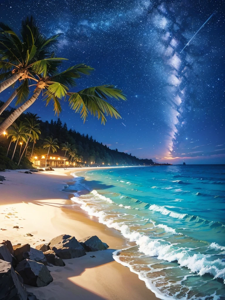 Masterpiece, beautiful beach night view, starry, nigh time, falling star.