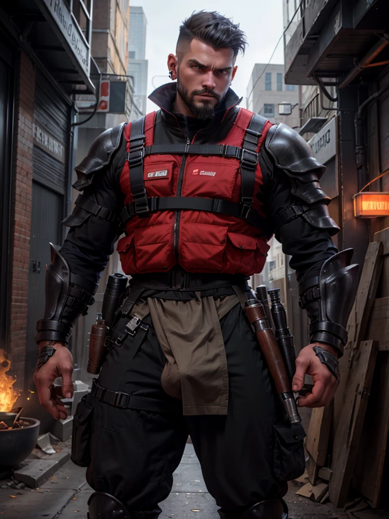 8K. Seductive gay, attractive pornographic. Crotch sticking up super highlighted in clothes. アニメ, grown-up. Supreme Marshal serious muscular skinny strong. Short black hair on top combed back short high fade shaved on the side. Large, flowing black coat on the back. Wearing thick black armor super detailed and dark equipped with various equipment with well polished and polished red energy tech details with equipment vests on the waist with grenades and energy vials. Beautiful black and red energy earring. beautiful boss, male with short beard style elegant goatee. fund: He is on top of a building aiming a long sniper with red plasma technological details.