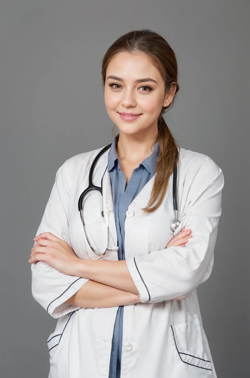 face,brown hair,grey eyes,juicy lips,nurse in scrubs,ample bosom (enhanced:1.1),(voluminous,bust:1.1),(curvaceous,busty:1.2),plump buttocks (enhanced:1.1),(voluptuous:1.1),charming smile,feminine appearance,professional,ultra-detailed,realistic,portrait,soft light