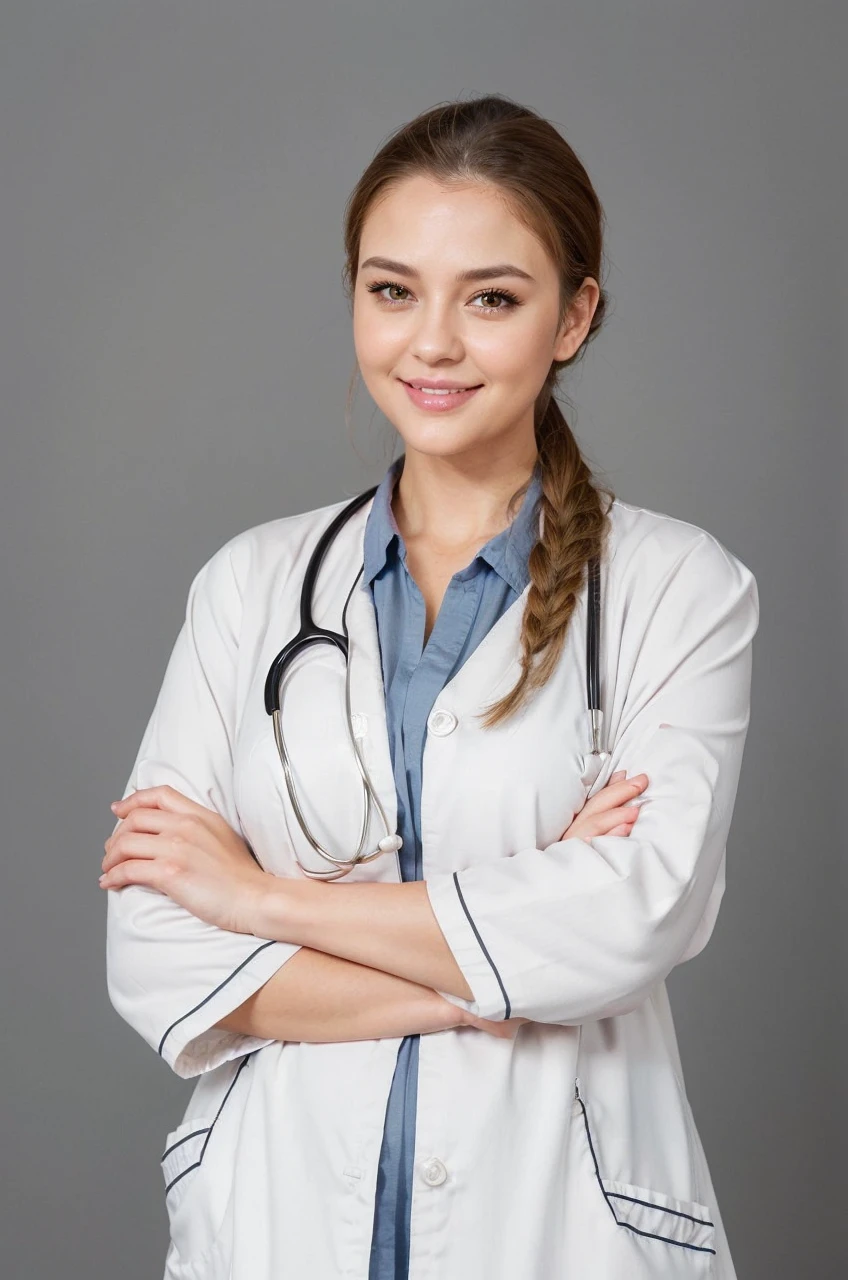 face,brown hair,grey eyes,juicy lips,nurse in scrubs,ample ????? (enhanced:1.1),(voluminous,bust:1.1),(curvaceous,busty:1.2),plump buttocks (enhanced:1.1),(voluptuous:1.1),charming smile,feminine appearance,professional,ultra-detailed,realistic,portrait,soft light
