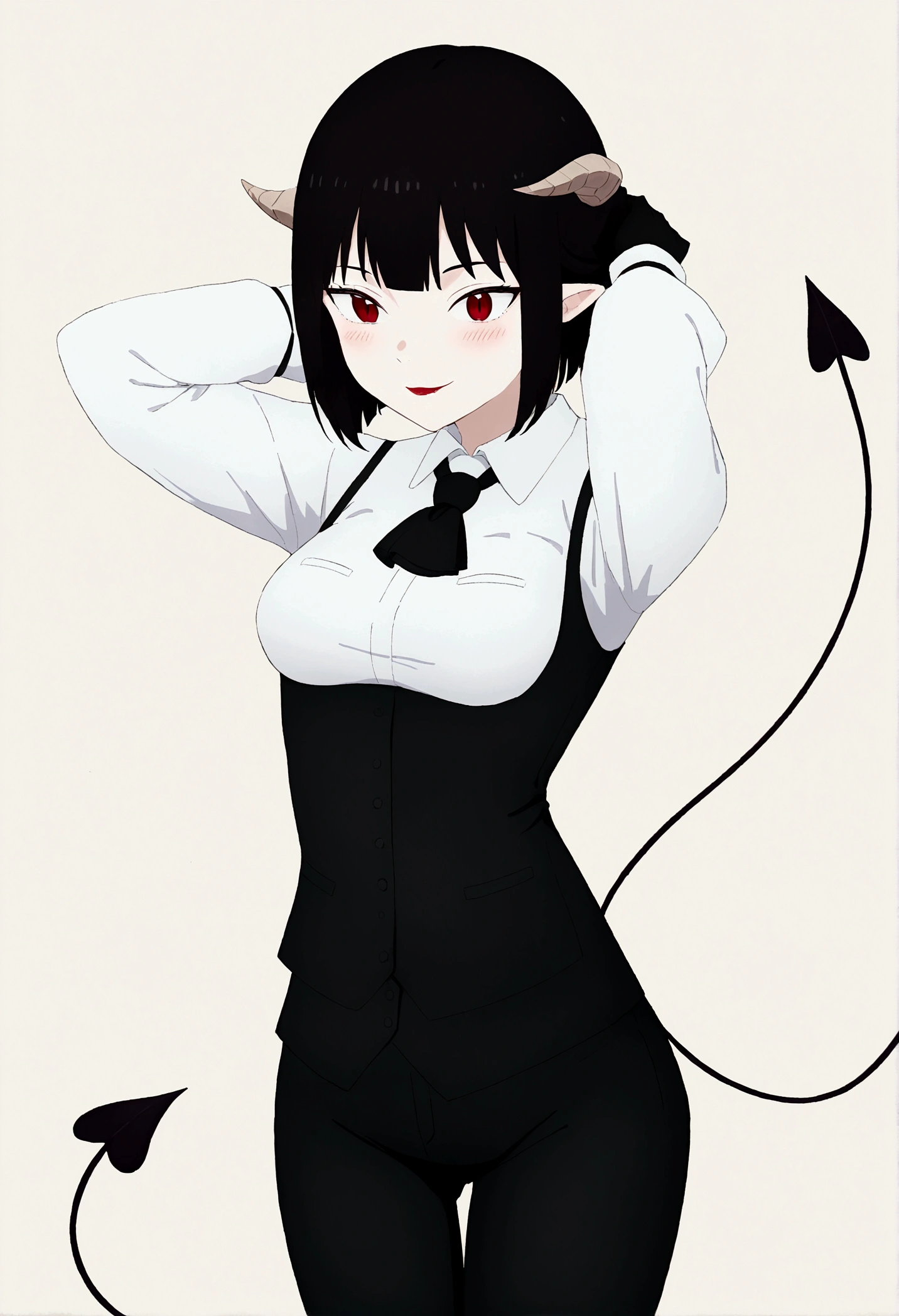work of art, best qualityer, high resolution, 1girl horns short hair demon tail, white shirt black ascot black gloves black pants black vest , Hands behind the head,Eyes red,blushed,ssmile,fully body