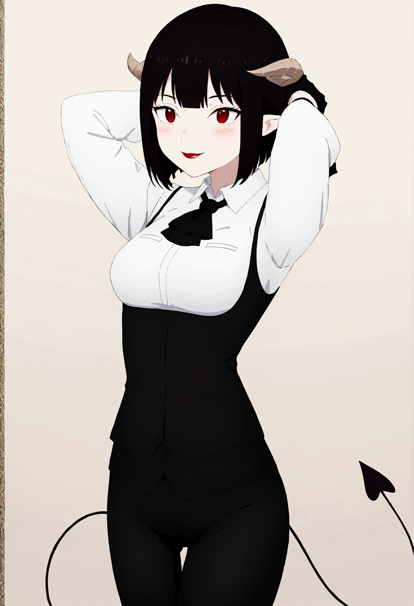 work of art, best qualityer, high resolution, 1girl horns short hair demon tail, white shirt black ascot black gloves black pants black vest , Hands behind the head,Eyes red,blushed,ssmile,fully body
