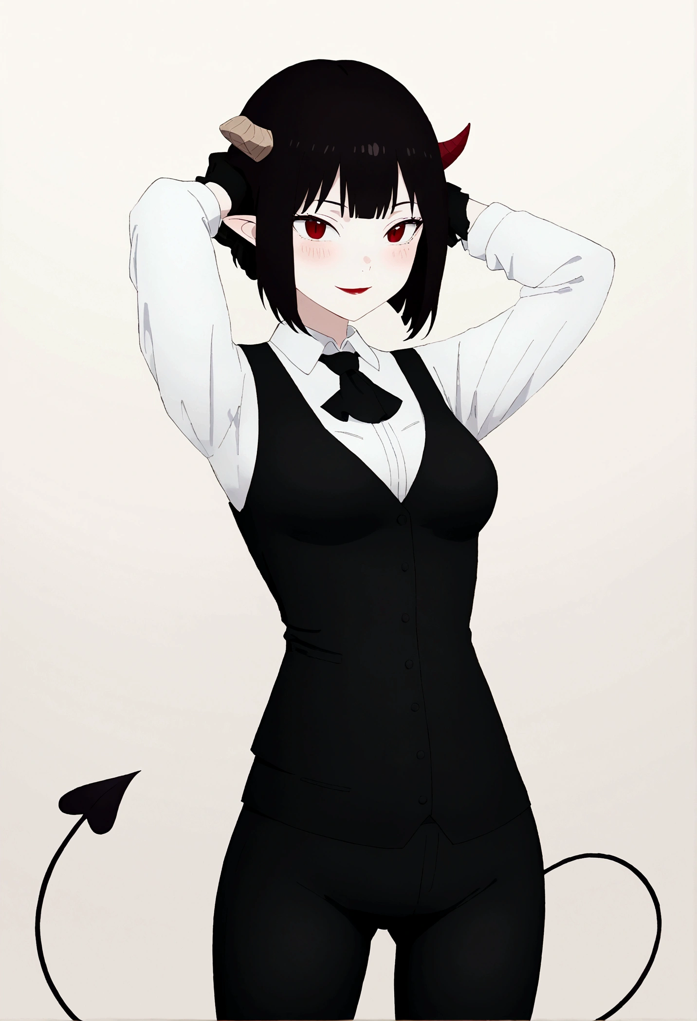 work of art, best qualityer, high resolution, 1girl horns short hair demon tail, white shirt black ascot black gloves black pants black vest , Hands behind the head,Eyes red,blushed,ssmile,fully body