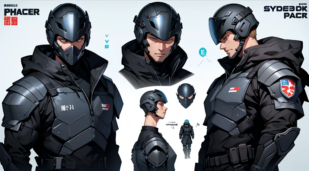 Character design sheet、male、Black military uniform、Detailed face、Body Armor、Full Face Cyber Helmet、Cover your face、whole body