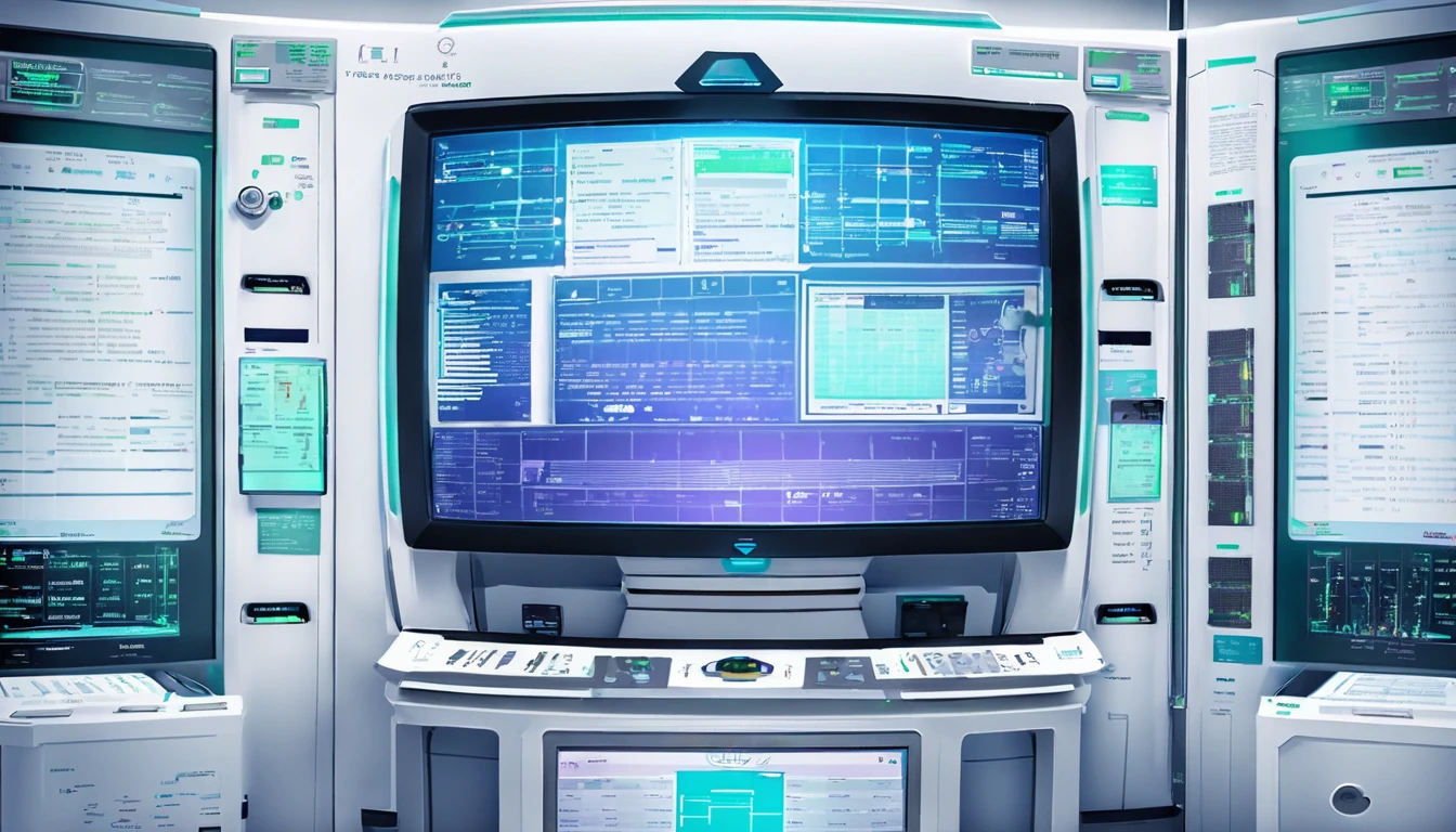 Wall close-up photography, Take a photo straight-on facing the wall. A futuristic clinic features monitors displaying medical and chemical data.。Bright spot with white walls, Scientific research, The camera is parallel