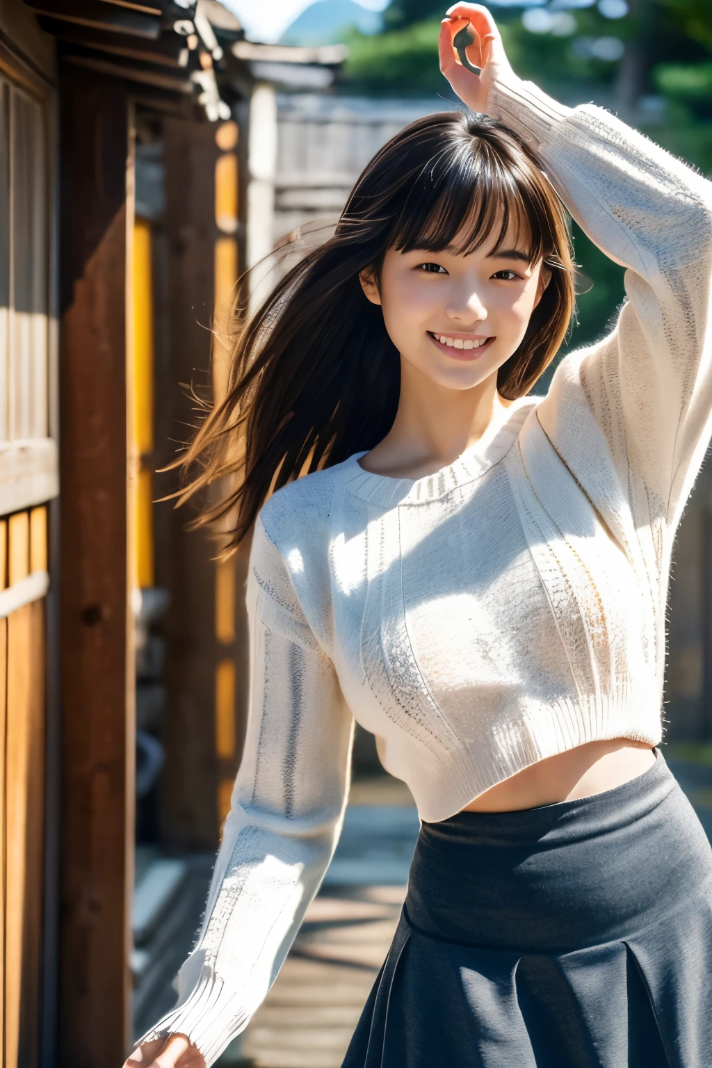 (((Wear a light knit)))、(((smile))),(((mini skirt))),(((1 Girl))),Full Body Shot、At a private house in Magome-juku、Japanese,, Medium Black Hair,I have a few freckles,Big Breasts、,Proper body balance,Ultra-high quality output images,High resolution,Intricate details,Her hair blowing in the wind is so delicate and beautiful,Realistic photos,dream-like,Professional Lighting,Realistic Shadows,Focus Only,Beautiful Hands,Beautiful fingers,Detailed characteristics of hair,Detailed facial features, Good style、White small high leg panties,,Dynamic pose、、