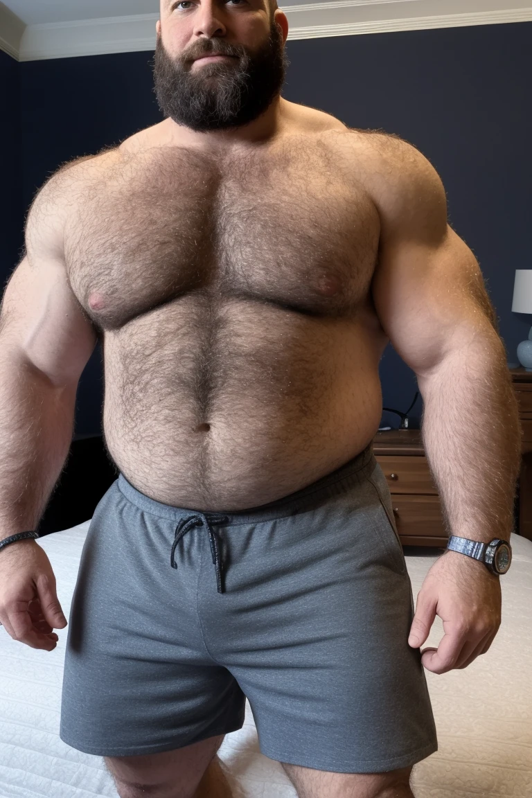 8KUHD Very HIGH RESOLUTION HDR Very Extremely Realistic Very Detailed High Quality 8K HDR Very Realistic photograph featuring a 46 year old daddy rugged bodybuilder muscle bears man, 8K very realistic detailed hairy, 8K very realistic beared big daddy muscle bear,  and 8K very realistic detailed rugged burly man in shorts. 8K Very Realistic legs, 8K very realistic hair, 8K very realistic beards, 8K very realistic thick chubby fat neck, 8Kvery realistic neck lines, 8K very realistic detailed neck, 8K very realistic belly, 8K very realistic burly chest, 8K very realistic detailed hairy burly strong chest and arms, 8K very realistic detailed hairy burly strong chest and arms, 8K very realistic pecs, 8K very realistic burly muscle bear body, 8K very realistic nipples, 8K very realistic burly muscle bear body, 8K very realistic face, 8K very realistic detailed face, 8K very realistic eyes, 8K very realistic detailed eyes, 8K very realistic pupils, 8K very realistic detailed pupils, 8K very realistic head, 8K very realistic waist, 8K very realistic facial features, 8K very realistic burly arms, 8K very realistic elbows, 8K very realistic hands, 8K very realistic pecs, 8K very realistic belly, 8K very realistic human man body, 8K very realistic bellybutton, 8K very realistic wrists, 8K very realistic fingers, 8K very realistic fingernails, 8K very realistic shoulders, 8K very realistic mouth, 8K very realistic lips, 8K very realistic mens clothing, 8K very realistic detailed mens clothing. 8K HDR Very Realistic Hairy Bearded Burly Muscle bear Photoshoot, 8K A very realistic burly muscle bear man in a bedroom,  8K HDR Very Realistic Intricately Detailed, 8K HDR very realistic detailed bedroom surroundings, 8K HDR very realistic surroundings lighting, No Deformities, captured with a 85mm lens, 8K HDR Very Ultra Realistic and 8K HDR Very Realistic Photograph, 8K HDR Clear HDR Quality full with very realistic real details 