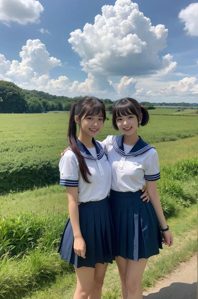 2 girls walking in rural field,cumulonimbus cloud in summer sky,sailor shirt,navy blue pleated skirt,18-year-old,bangs,a little smile,thighs,knees,short hair with low pigtails bunches,from below,front light