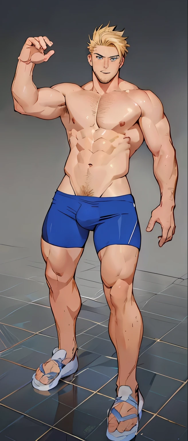 a close up of a cartoon man with a big muscular body, shirtless :: high detail, highly detailed body, realistic shaded perfect body, smooth body features, realistic body, realistic body shape, realistic body structure, photorealistic perfect body, accurate body features, detailed body, extra detailed body, realistic shaded perfect anatomy, realistic body features and face, high detail skin, anime face, young anime guy male face, blonde hair, blue eyes, anime style drawing, thick lineart, pubic hair, abs, muscle, chest muscle, bangs, hair bangs, 