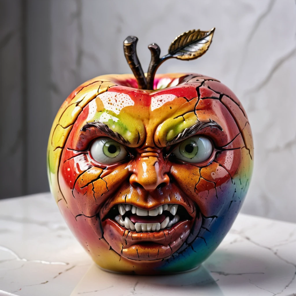 Rainbow colored porcelain apple with an angry face, calm wet color, Exquisite Work of Art, impressive, Whimsical, Strong backlighting, A dreamlike masterpiece from the head of Prompto Engineering_skin
