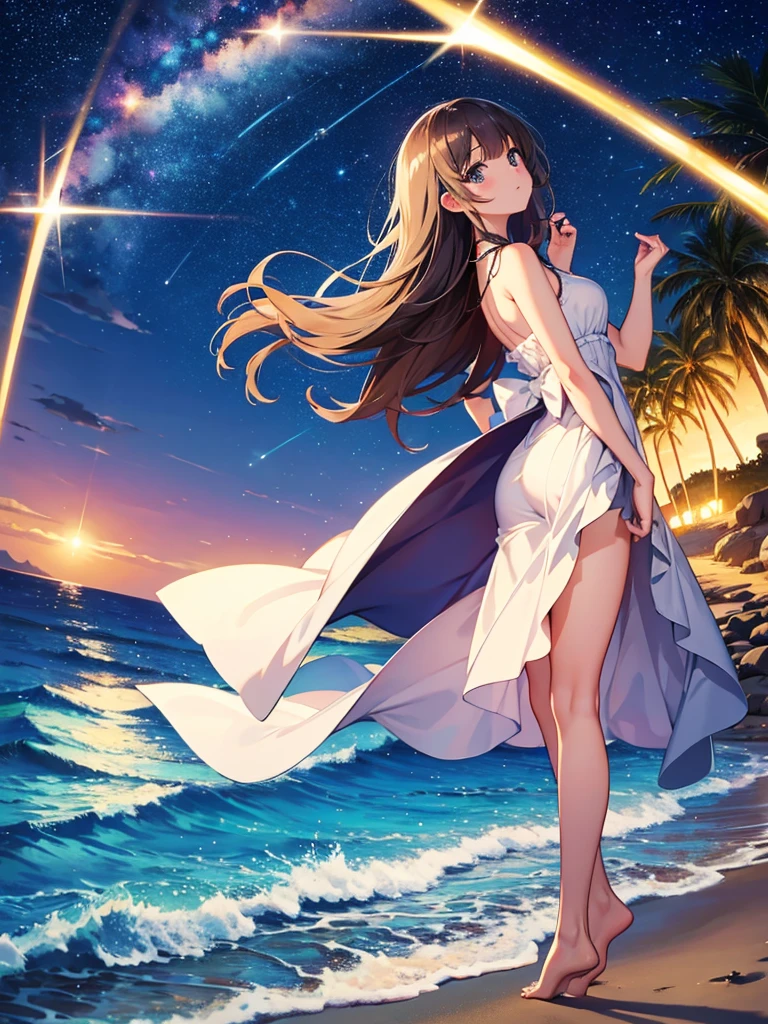 Masterpiece, beautiful beach night view, starry, nigh time, a big falling star.