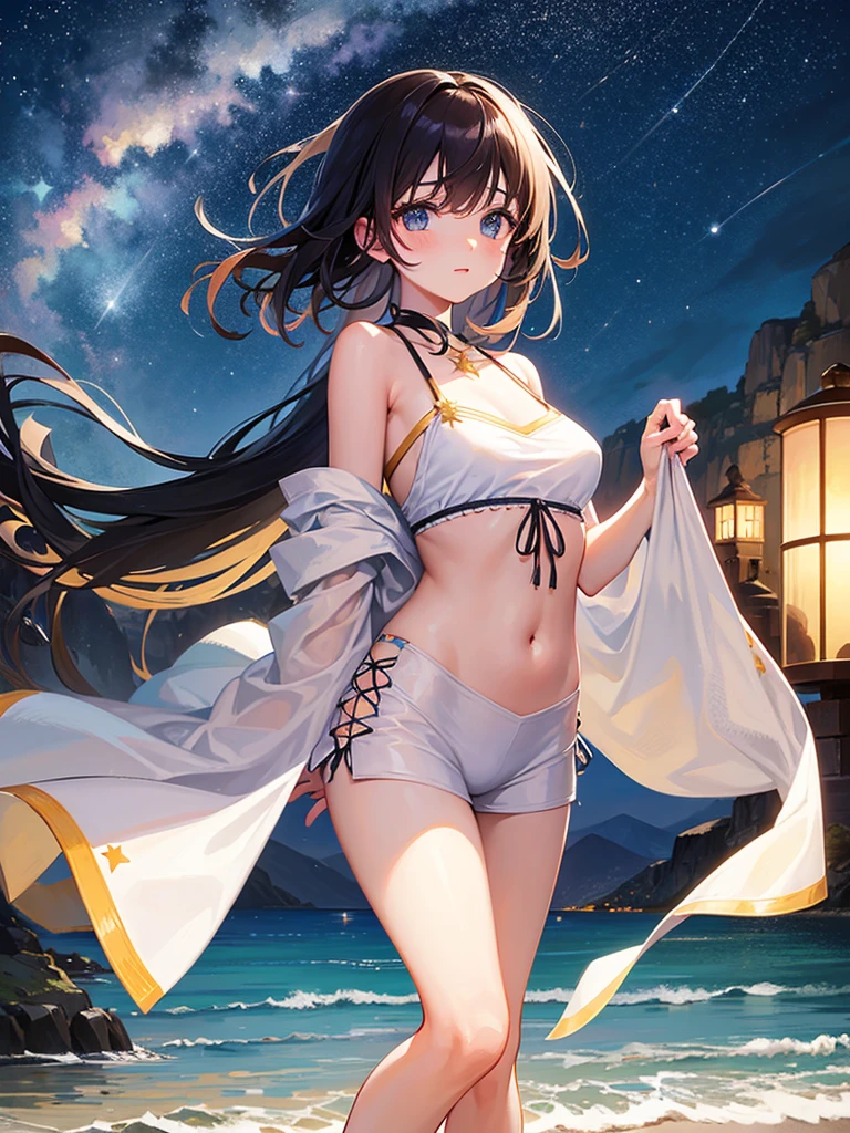Masterpiece, beautiful beach night view, starry, nigh time, a big falling star.
