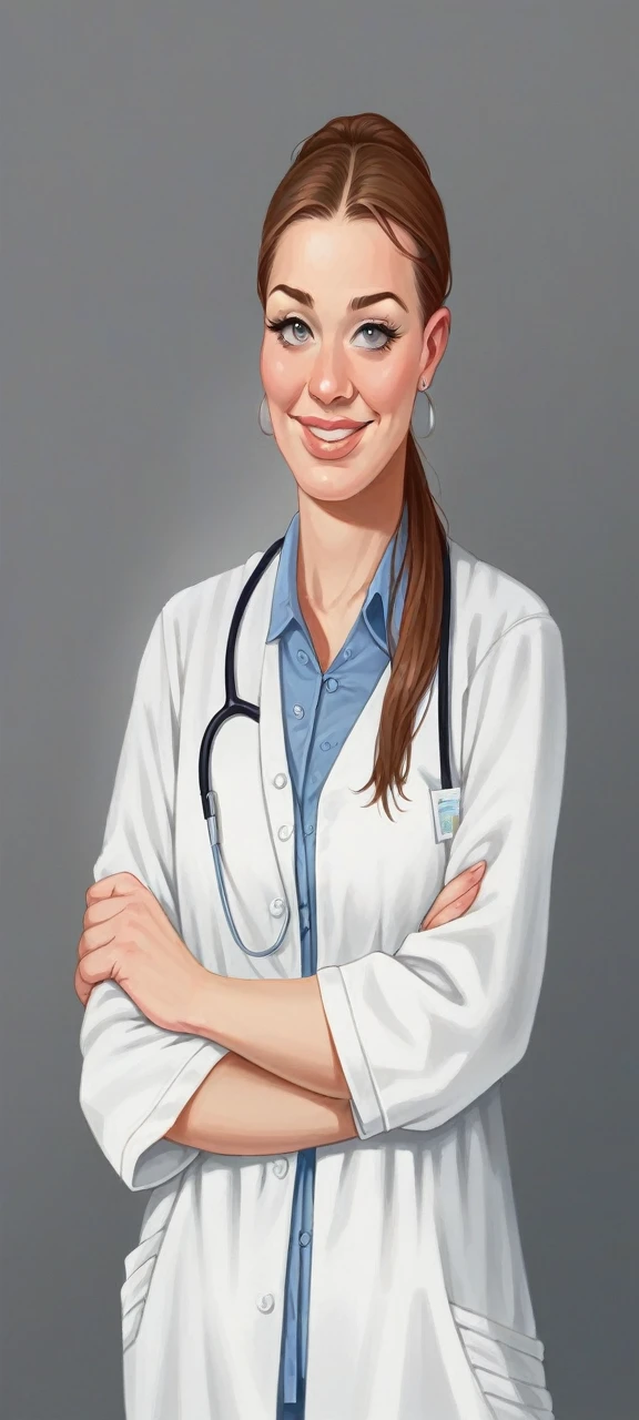  face,brown hair,grey eyes,juicy lips,nurse in scrubs,ample bosom (enhanced:1.1),(voluminous,bust:1.1),(curvaceous,busty:1.2),plump buttocks (enhanced:1.1),(voluptuous:1.1),charming smile,feminine appearance,professional,ultra-detailed,realistic,portrait,soft light