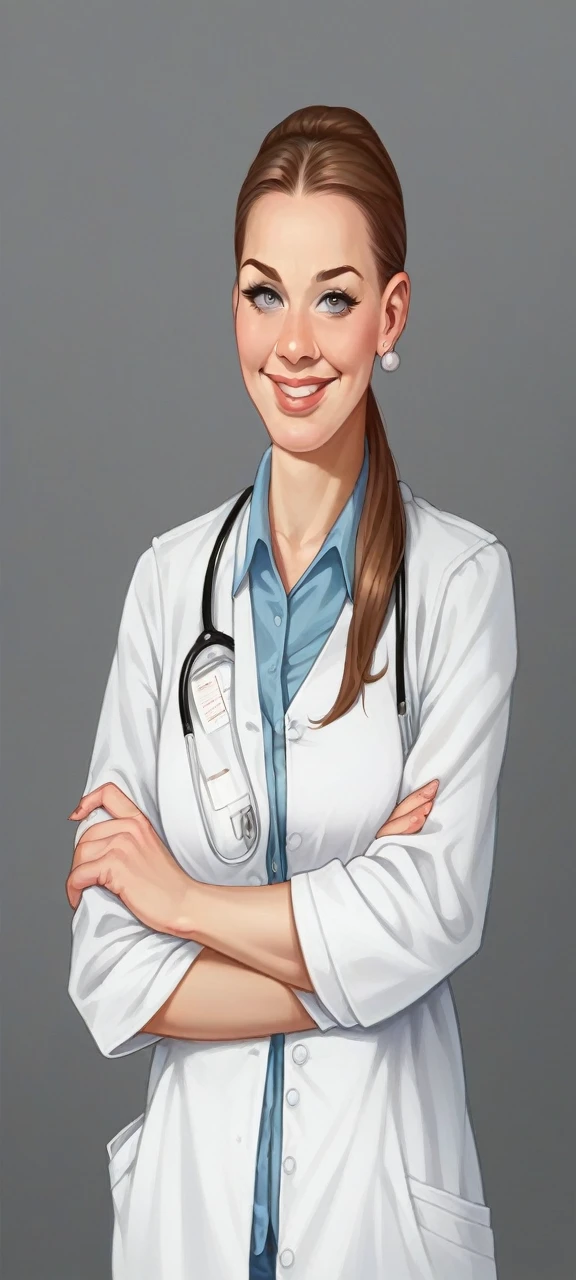  face,brown hair,grey eyes,juicy lips,nurse in scrubs,ample ????? (enhanced:1.1),(voluminous,bust:1.1),(curvaceous,busty:1.2),plump ???????? (enhanced:1.1),(voluptuous:1.1),charming smile,feminine appearance,professional,ultra-detailed,realistic,portrait,soft light
