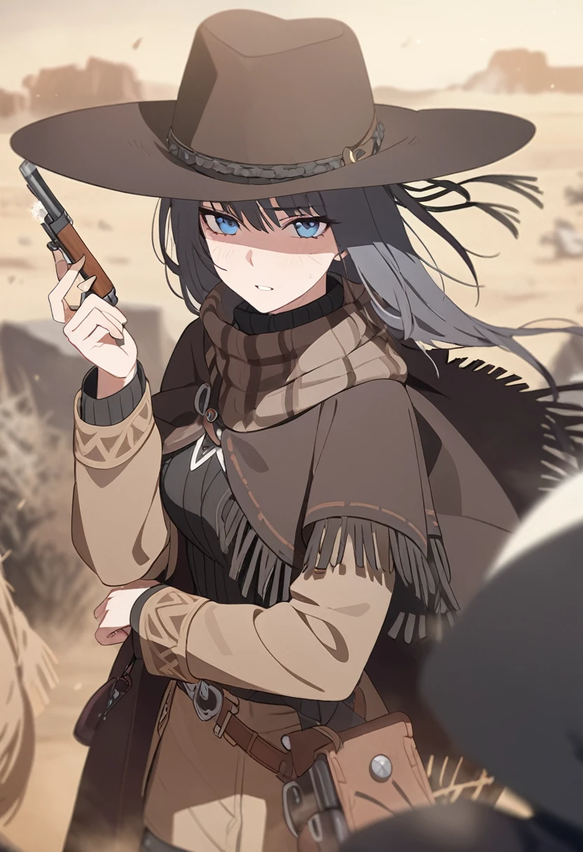 masterpiece,best quality,depth of field,8K,looking at the viewer,dark gray hair,blue eyes,light brown chaps,dark brown poncho,갈색 Ten gallon hat,brown leather jumper,Holding a Colt Single Action Army,western frontier,badlands,tumbleweed rolling around,sandstorm,holding a cigarette in one's mouth,chic,wseifuku,male,Horsehair